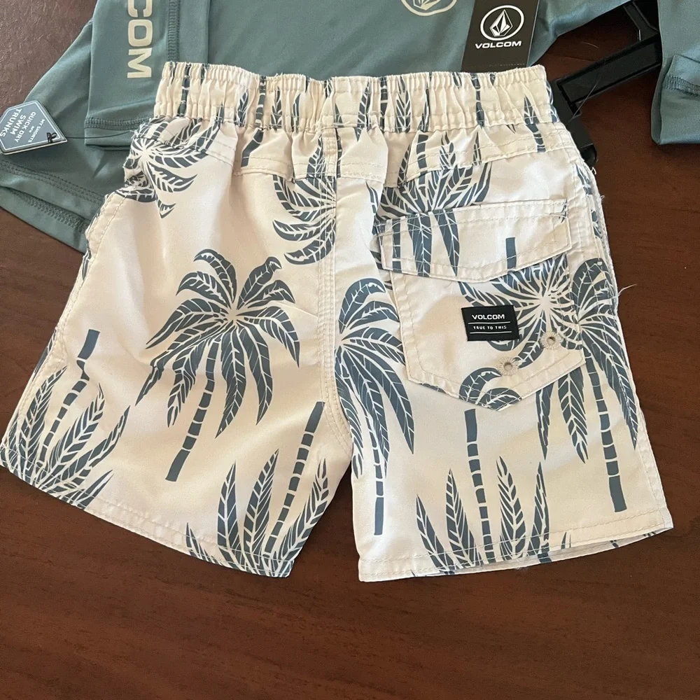 Volcom NWT Kids Teal Rash Guard with Cream Palm-Print Swim Shorts